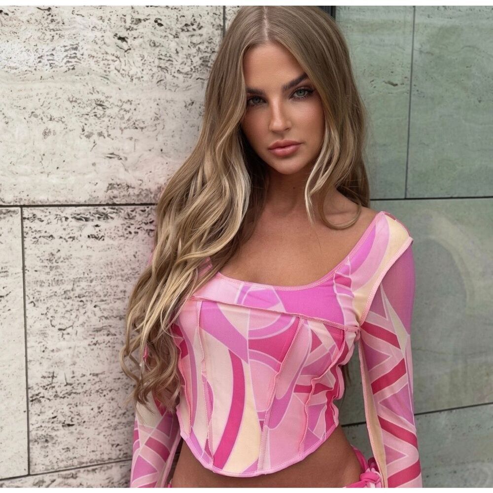 Tiger Mist Cyber Y2K Mesh Pink Abstract Swirl Corset Long Sleeve Crop Top Small
